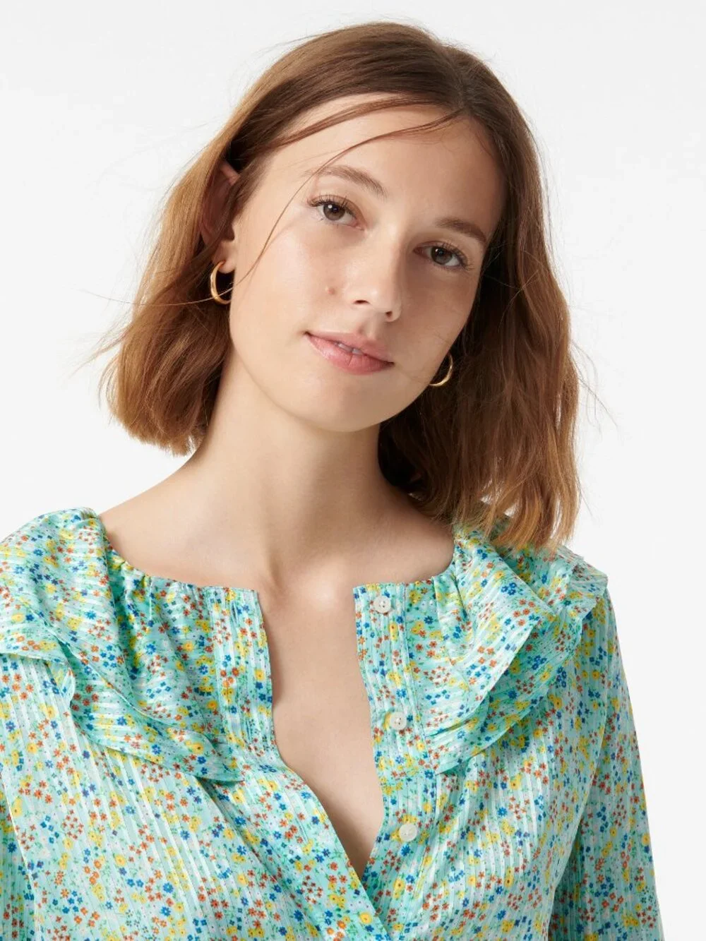 NWT J. Crew Size Small Pink Multi Ruffle Button Front Top in Field Day Print NEW